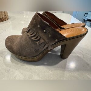 Sofft Tancy Taupe Suede Fringe Platform Studded Mules